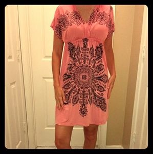 Coral with black accents slide on V-neck dress